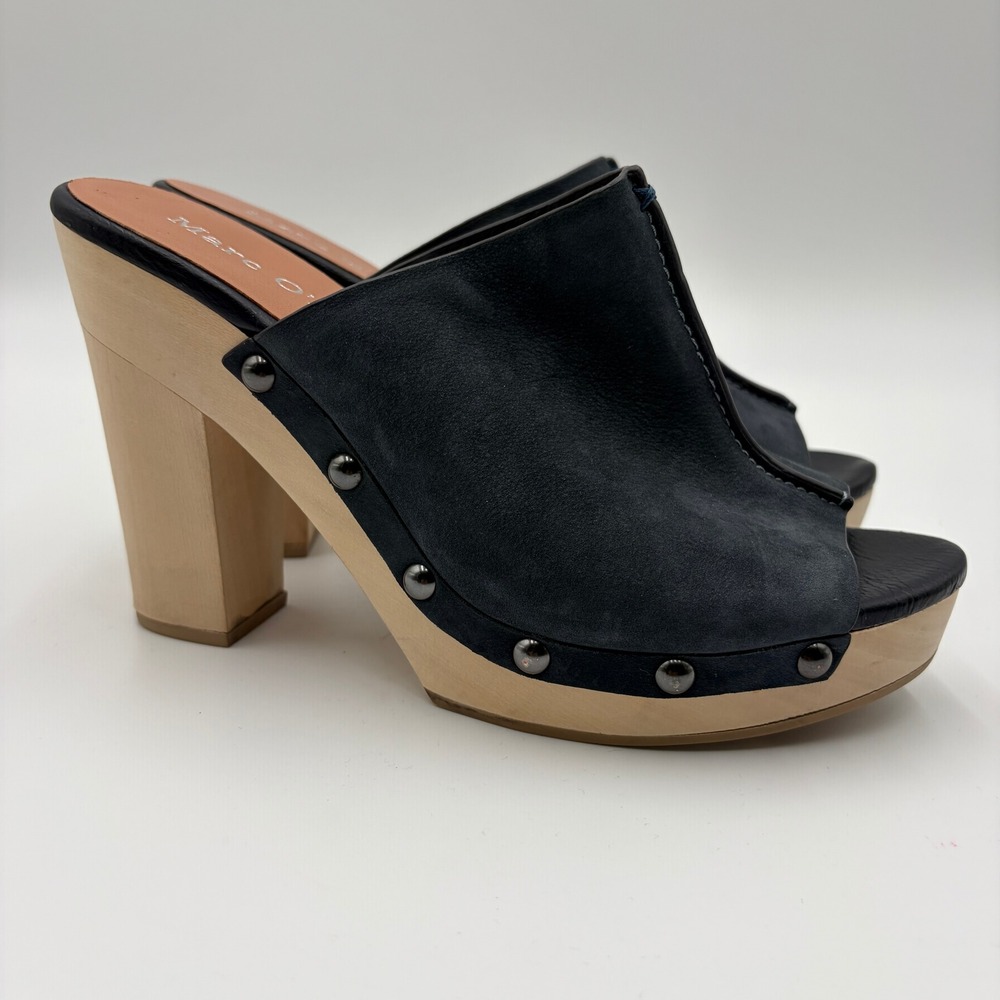 Marc O'Polo Navy Blue Nubuck Leather Studded Wooden Platform Clog Mules Size 39